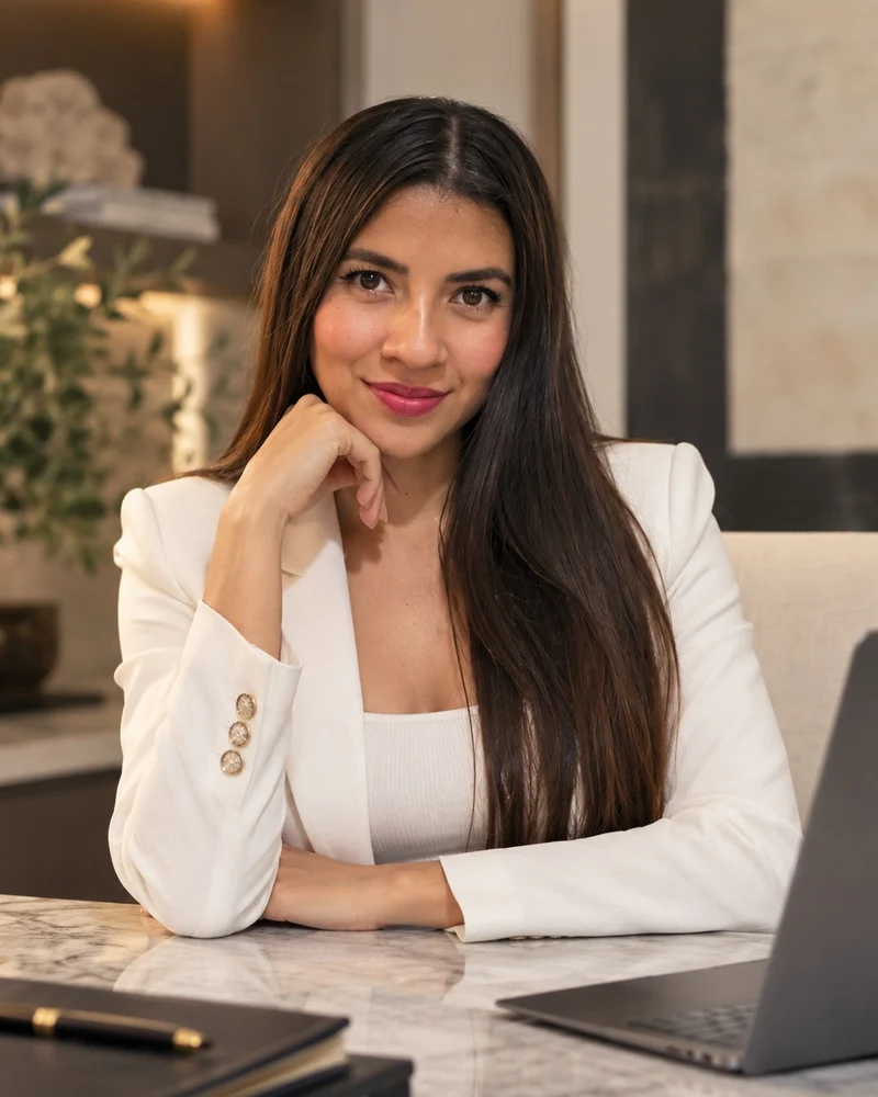 Mónica Penagos, de saco blanco, en su oficina